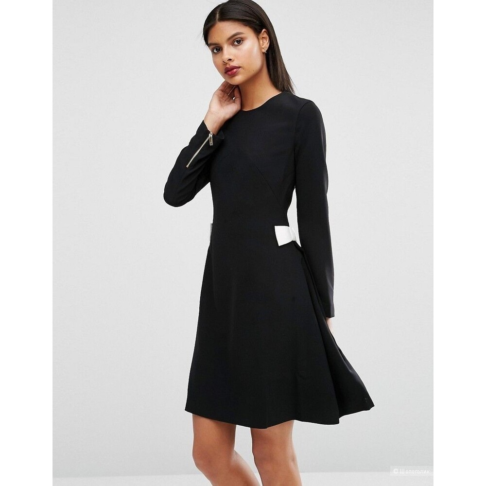 NWT $295 Ted Baker Emorly Side Bow Dress Women's 4 Black White Effortless Style